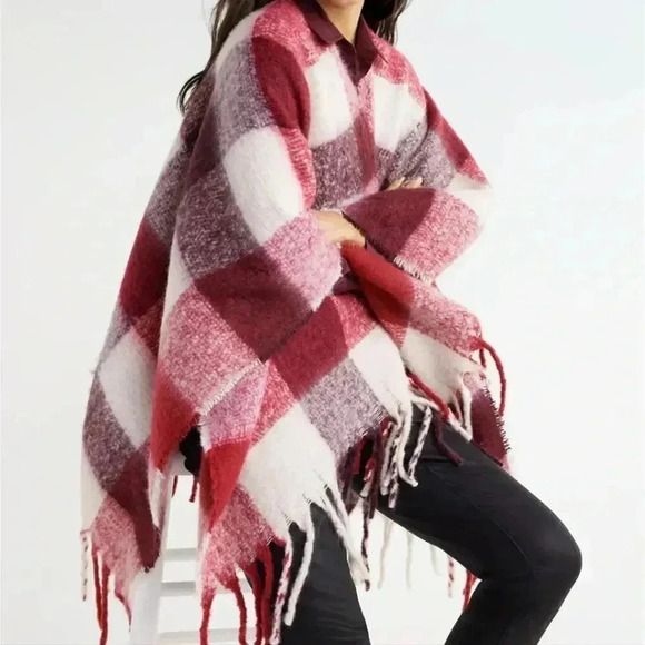 Brushed Check Layering Piece with Fringe - Picture 1 of 7